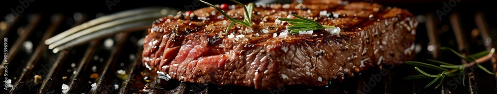 Gourmet Grilled Steak Seasoned with Rosemary and Sea Salt on a Black Background, Presented with a Fork for a High-End Food Commercial or E-commerce Imagery. Gourmet Grilled Steak Seasoned with Rosemary and Sea Salt on a Black Background, Presented with a Fork for a High-End Food Commercial or E-commerce Imagery.