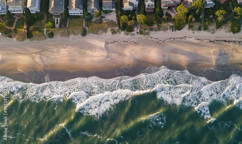 Aerial view of wave crashing along the shore of the Hamptons, Southampton, New York, United States photo