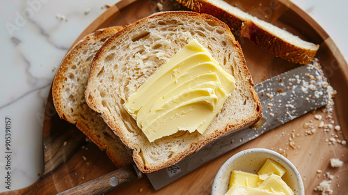 Breakfast. A cut piece of bread with butter spread on it. Sandwiches. photo