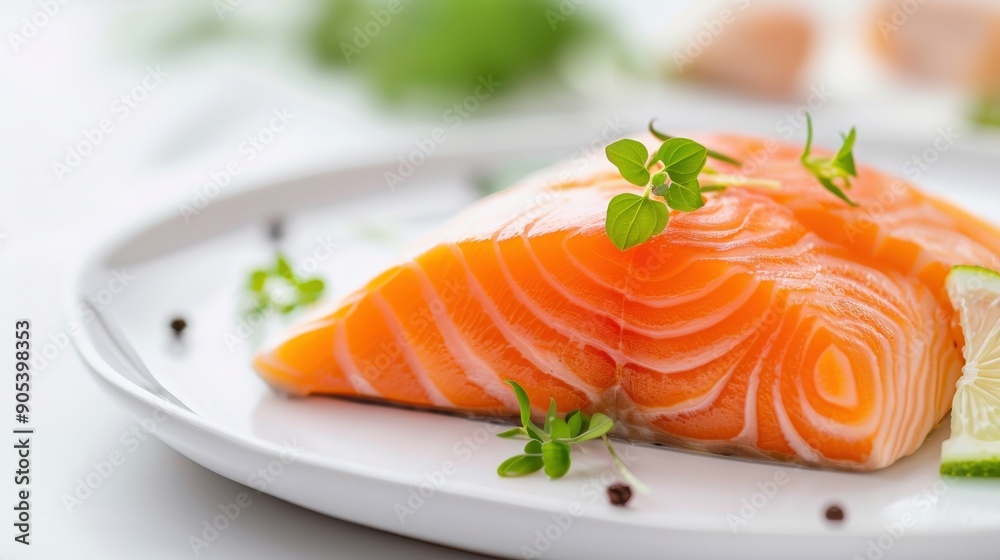 Close-up of a fresh salmon fillet on a white plate, garnished with herbs and peppercorns. Close-up of a fresh salmon fillet on a white plate, garnished with herbs and peppercorns.