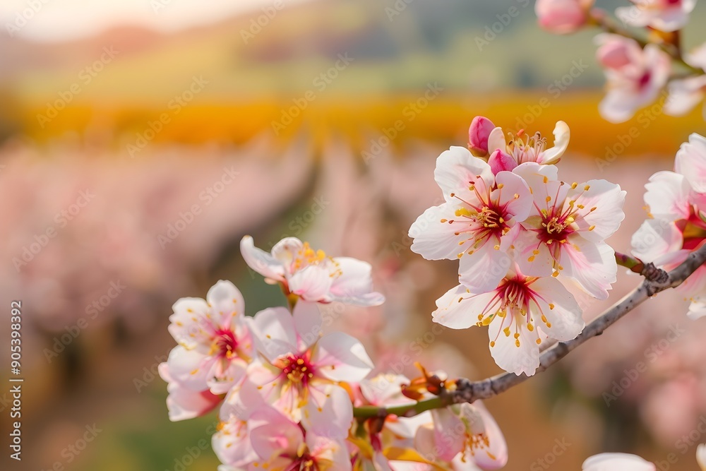 Close-Up of Delicate Pink Almond Blossoms with Blurred Orchard Background Close-Up of Delicate Pink Almond Blossoms with Blurred Orchard Background