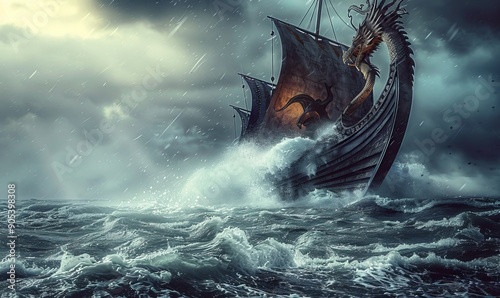 Ancient Viking ship sailing through stormy seas, its dragon-headed prow cutting through the waves