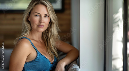 Free Download A woman in a blue top is standing by a window, with natural light illuminating her face. Wooden background. Concept of natural beauty - GFXLoad
