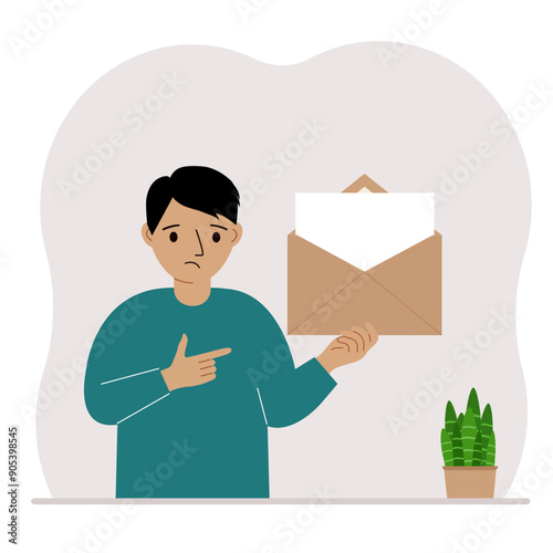 A little boy with an open envelope with a letter. Empty sheet of paper for text template. Mail concept. Sending a message, notification, invitation. Vector flat illustration.