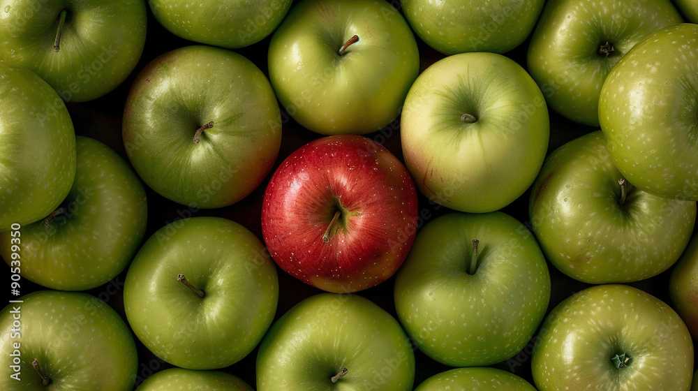 Red apple among green ones. Red apple in the center. Fresh and ripe apples. Top view Red apple among green ones. Red apple in the center. Fresh and ripe apples. Top view