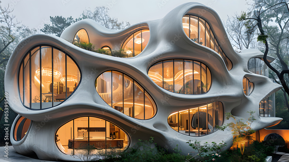 Fototapeta premium Futuristic, organic-shaped building with large windows and glowing interiors in a misty forest, showcasing innovative architectural design