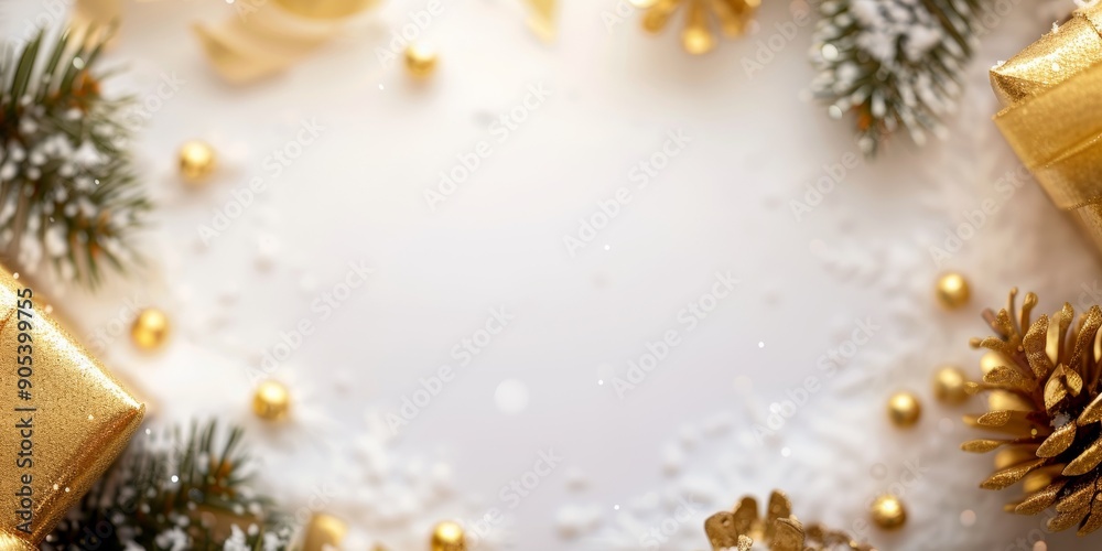 Golden Christmas decorations and gifts on a snowy background. Ideal for holiday cards and invitations. Golden Christmas decorations and gifts on a snowy background. Ideal for holiday cards and invitations.