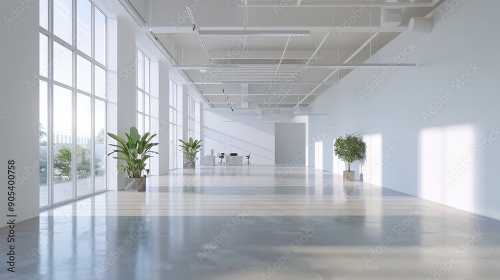 Modern, minimalist hallway with large windows and bright sunlight streaming in Modern, minimalist hallway with large windows and bright sunlight streaming in