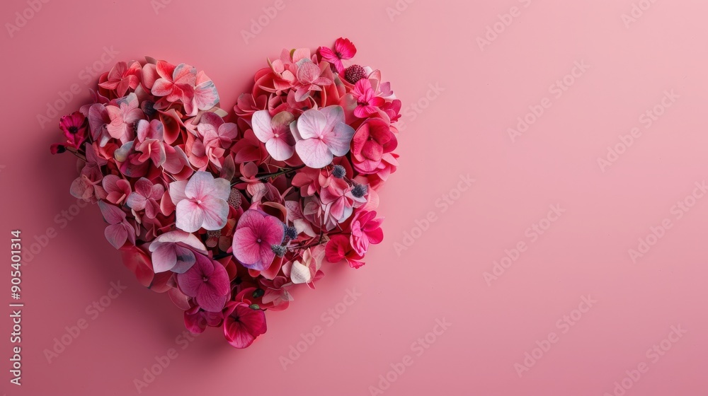 Pink and white flowers arranged in a heart shape on a pink background. Pink and white flowers arranged in a heart shape on a pink background.