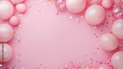 Pink balloons and confetti create a festive frame on a pink background. Perfect for birthday, baby shower or other celebration.