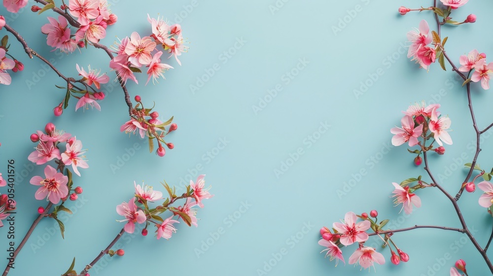 Pink cherry blossoms arranged on a light blue background, creating a delicate and elegant floral border. Pink cherry blossoms arranged on a light blue background, creating a delicate and elegant floral border.