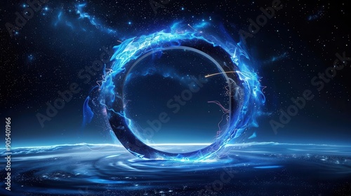 Abstract blue glowing ring floating on water against a starry sky background.