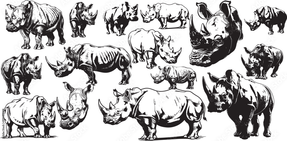 Fototapeta Rhinoceros set illustration ink sketch, Rhinoceros line art Design