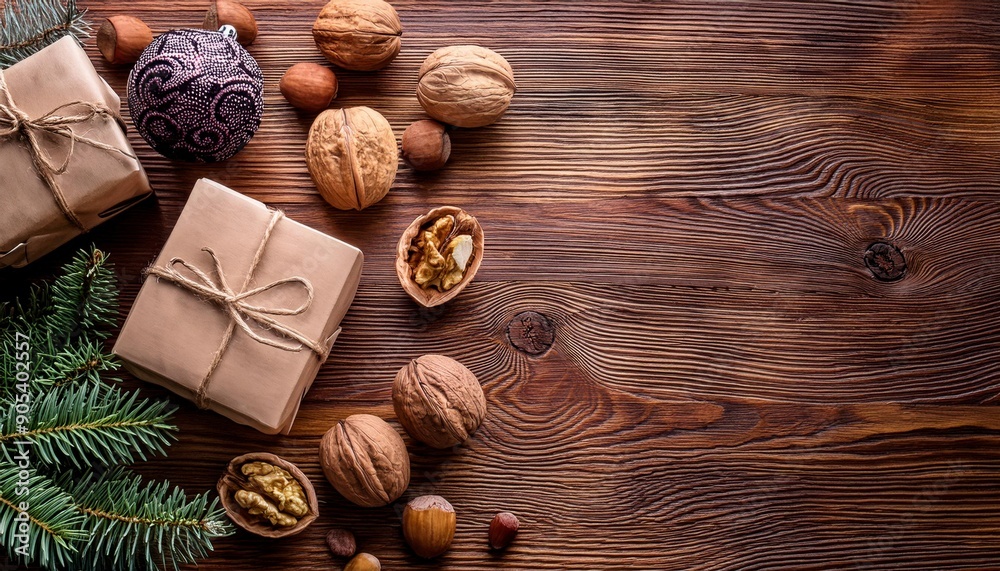 Wrapped Christmas gifts on dark rustic wooden table with pine cones and fir branches. With copy space for your text. Generated image Wrapped Christmas gifts on dark rustic wooden table with pine cones and fir branches. With copy space for your text. Generated image