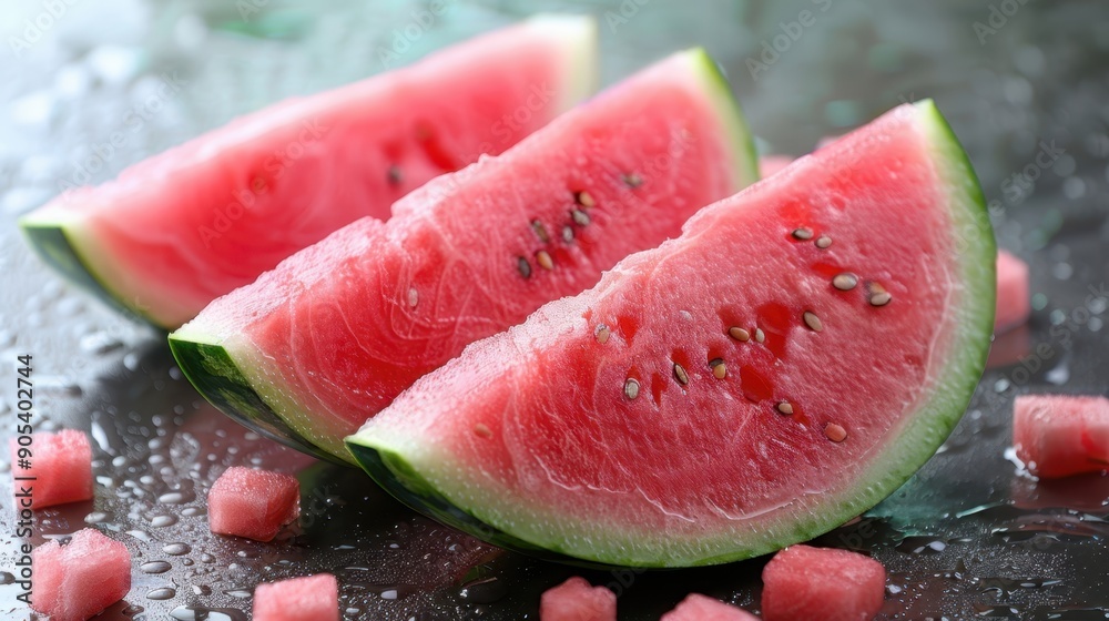Close-up of fresh, juicy watermelon slices with small cubes on a wet surface, showcasing summer freshness and vibrant colors. Close-up of fresh, juicy watermelon slices with small cubes on a wet surface, showcasing summer freshness and vibrant colors.