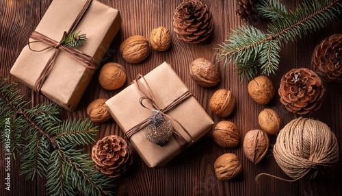 Wrapped Christmas gifts on dark rustic wooden table with pine cones and fir branches. With copy space for your text. Generated image