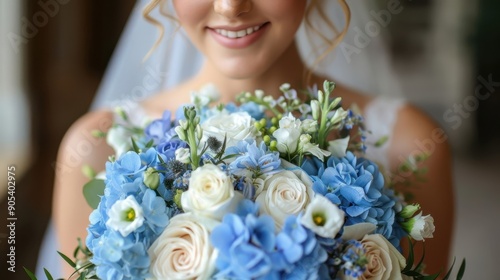 A smiling bride holding a beautiful bouquet of blue and white flowers, capturing the joy and elegance of her special day. photo