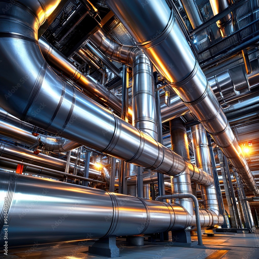 Industrial Piping System in Factory. The image displays a large-scale industrial facility with extensive pipes and machinery. Industrial Piping System in Factory. The image displays a large-scale industrial facility with extensive pipes and machinery.