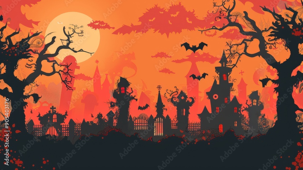 Spooky Halloween background with silhouette of haunted houses, bats, and full moon on an orange sky. Spooky Halloween background with silhouette of haunted houses, bats, and full moon on an orange sky.