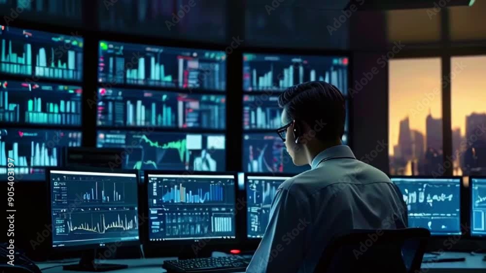 This video shows a person monitoring multiple computer screens with financial data. This video shows a person monitoring multiple computer screens with financial data.