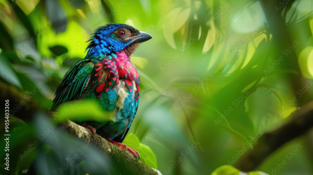 An elusive and colorful Purple-breasted Cotinga perched amidst the lush greenery of the Amazon rainforest.