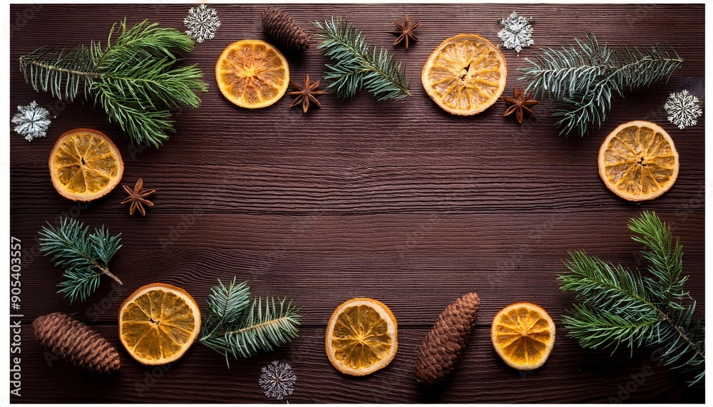 Creative wooden layout frame made of Christmas fir branches, cones and lights with copy space in the middle. Generated image Creative wooden layout frame made of Christmas fir branches, cones and lights with copy space in the middle. Generated image