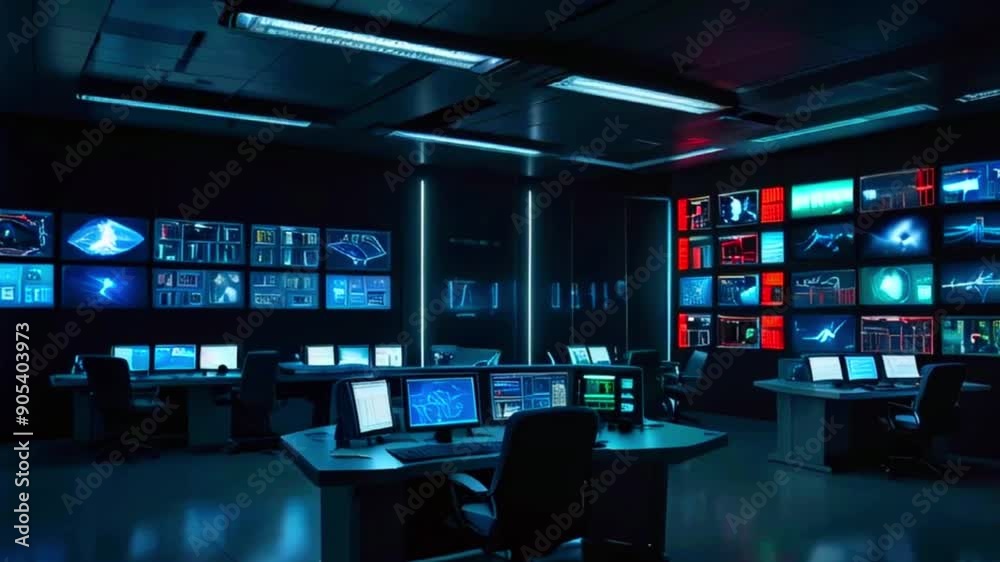 A room with many computer screens showing data and information. A room with many computer screens showing data and information.