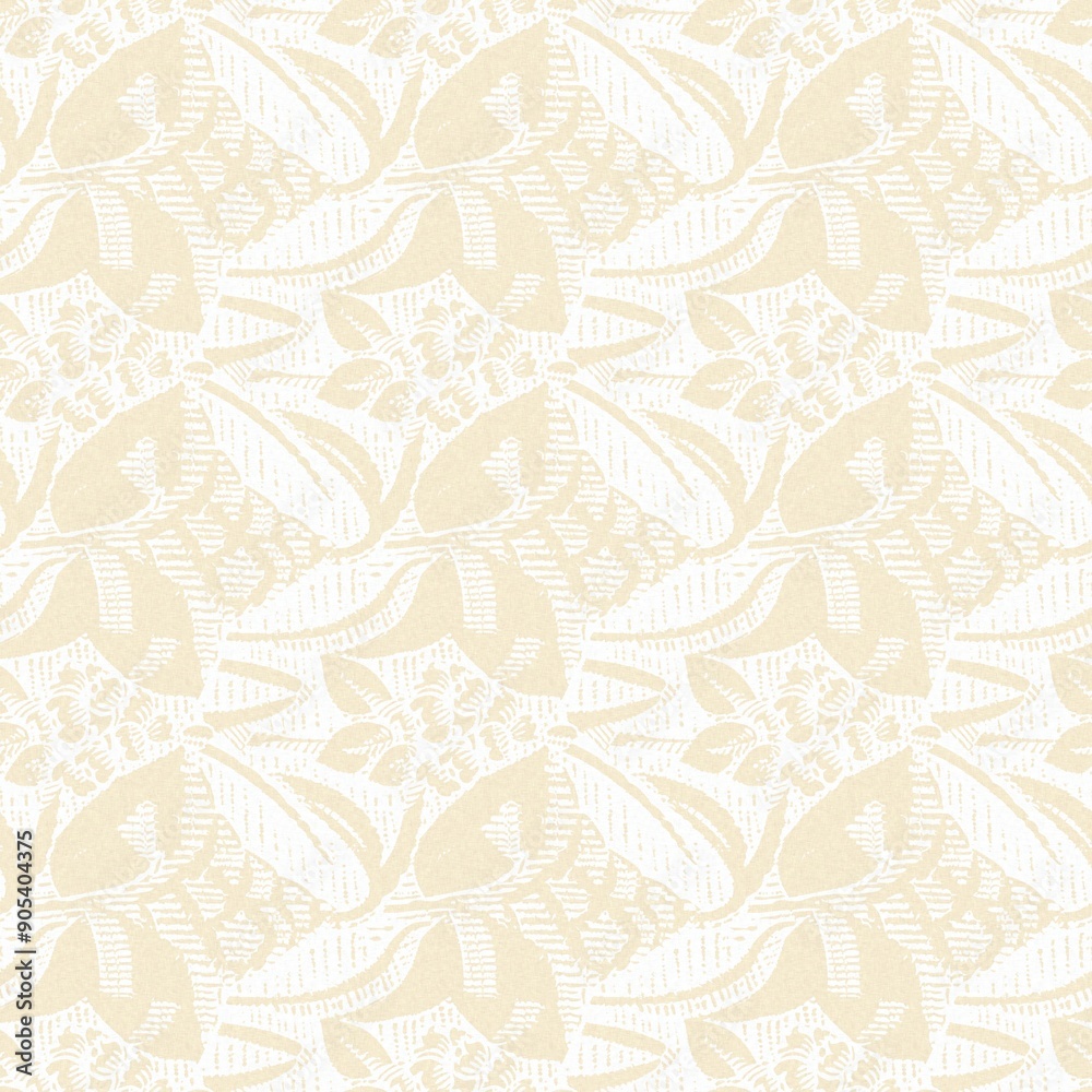 Obraz premium Modern white on cream lace effect wedding background texture. Soft tonal linen openwork block print with subtle hand drawn lattice damask printed fabric backdrop. 