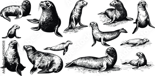 seal set illustration ink sketch, Sea lion background arctic art