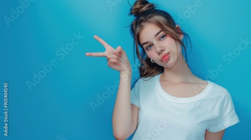 Young woman with messy bun in a white t-shirt, posing with peace sign against a blue backdrop.