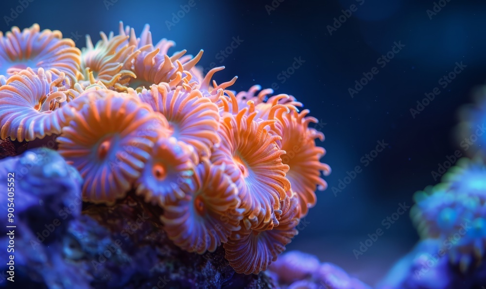 Close-up of a coral polyp, showcasing its delicate tentacles and vibrant colors Close-up of a coral polyp, showcasing its delicate tentacles and vibrant colors