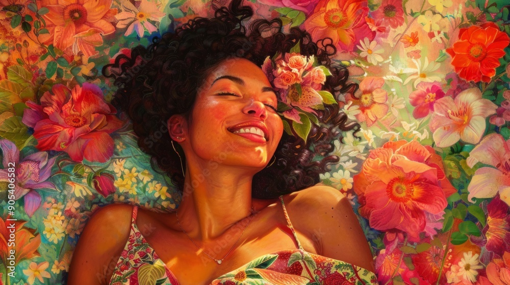 woman sitting among the flowers, with a radiant smile generative ai woman sitting among the flowers, with a radiant smile generative ai