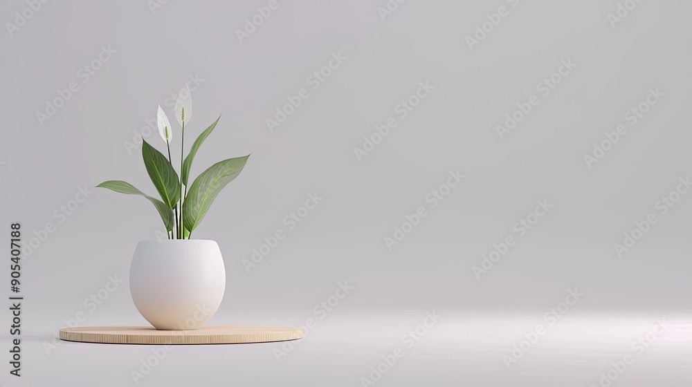 A stylish potted plant with glossy green leaves and white blooms adds a refreshing touch to a minimalist indoor space A stylish potted plant with glossy green leaves and white blooms adds a refreshing touch to a minimalist indoor space