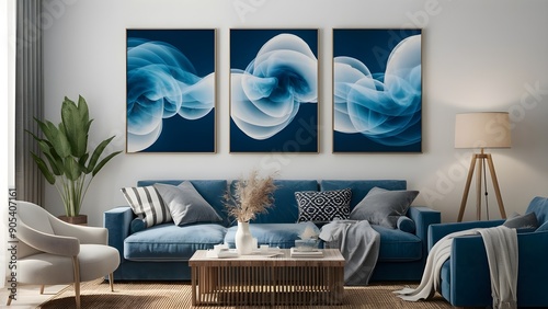 Set of three unique blue and white smoke wave craftsmanship boards with home furniture
