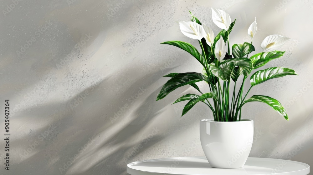 A stylish potted plant with glossy green leaves and white blooms adds a refreshing touch to a minimalist indoor space A stylish potted plant with glossy green leaves and white blooms adds a refreshing touch to a minimalist indoor space