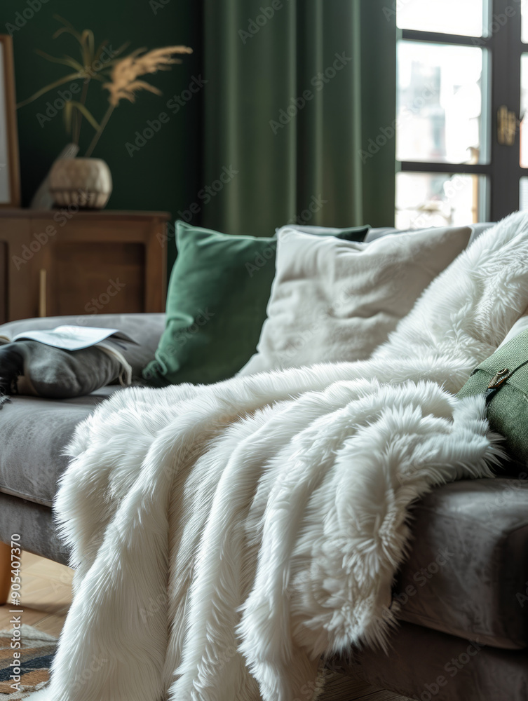 Cozy modern living room with sofa, pillows, and a furry throw blanket. Cozy modern living room with sofa, pillows, and a furry throw blanket.