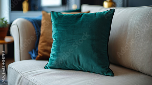 Green pillow on a beige sofa in a stylish living room.