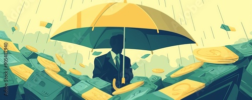 Risk mitigation, protective umbrella over money, flat design illustration