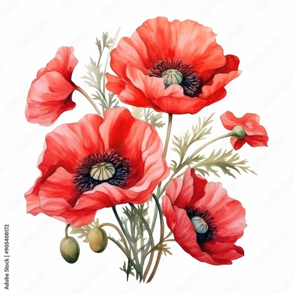 Obraz premium Vibrant Red Poppies Watercolor Illustration