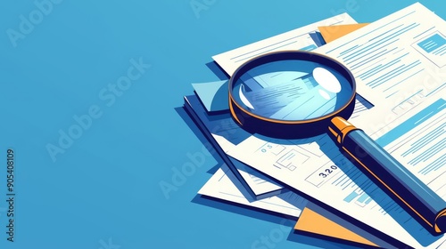 Bank risk evaluation, magnifying glass on documents, flat design illustration