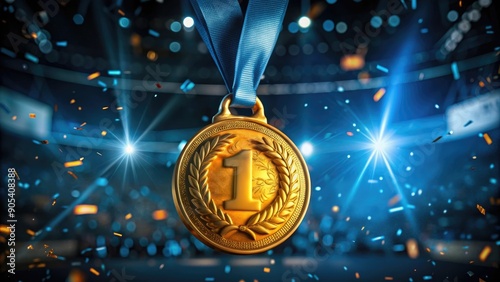  gold medal with number one for 1st place laurel wreath on festive background sport stadium with confetti, design trophy, Golden symbol of winner, celebration, sport competition, champion games