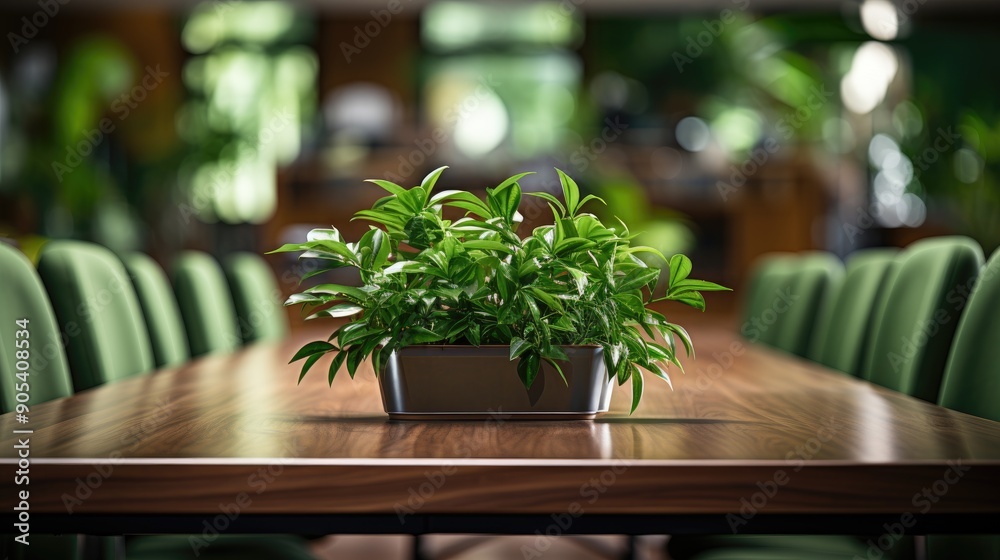 A wooden office desk adorned with artificial green plants creating a backdrop with ample copy space for images A wooden office desk adorned with artificial green plants creating a backdrop with ample copy space for images