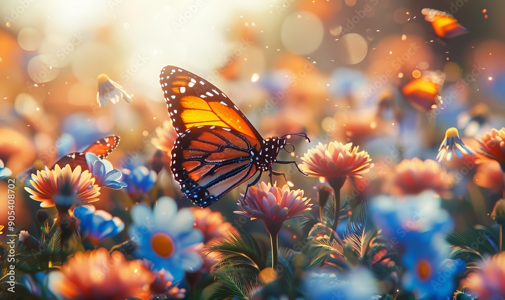 Spring garden, full of colorful butterflies fluttering among blossoming flowers, with high details