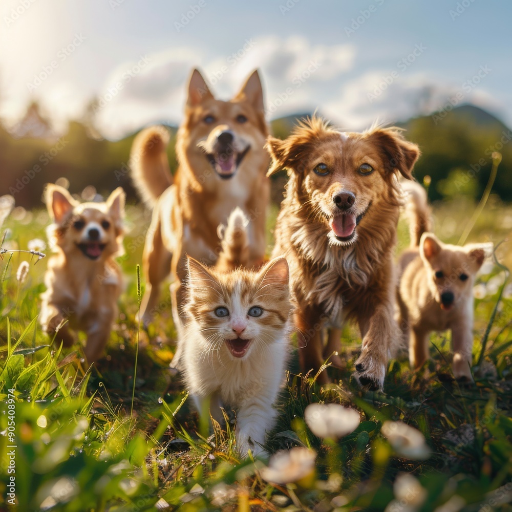Joyful Furry Friends - A Group of Happy Pets Cats and Dogs Walking Together on a Lush Green Meadow for a Cheerful Weekend Outdoor Adventure.