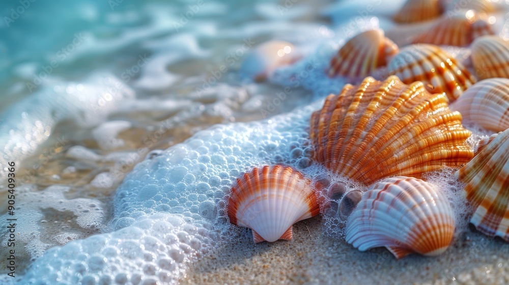 Seashells on a Sandy Beach with Foamy Waves Seashells on a Sandy Beach with Foamy Waves