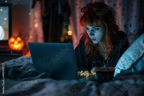 Enthusiastic woman watching movie on laptop with snacks at night