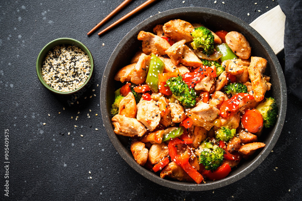 Chicken stir fry with vegetables and sesame at black background. Traditional asian cuisine. Chicken stir fry with vegetables and sesame at black background. Traditional asian cuisine.