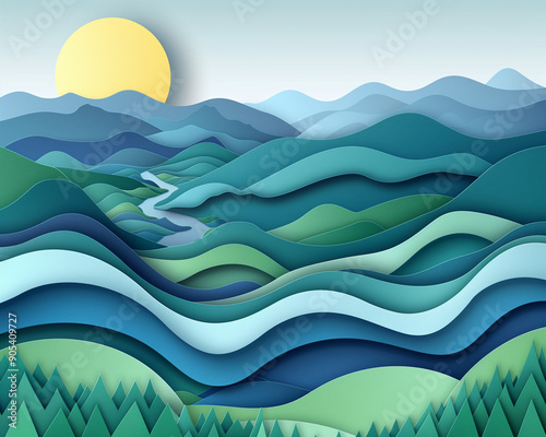 Bog - landscape, mountains, hills, river, sunrise, nature, abstract, paper art, layers, forests, sun, blue, green, scenery, waves, sunlit photo