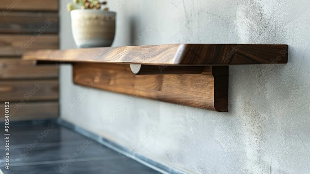 A modern wooden floating shelf mounted on a light-colored wall. A modern wooden floating shelf mounted on a light-colored wall.