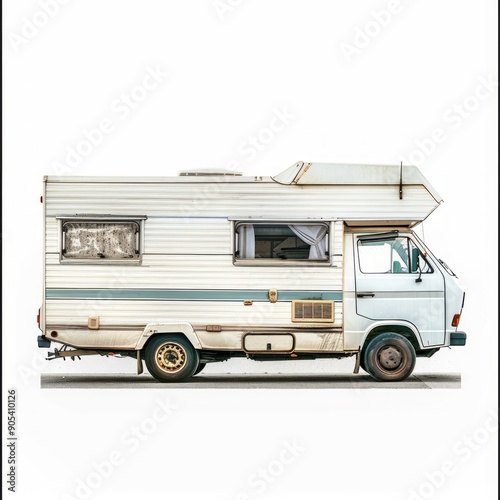 Medium shot of Travel motorhome family car camping truck, isolated on a white background 